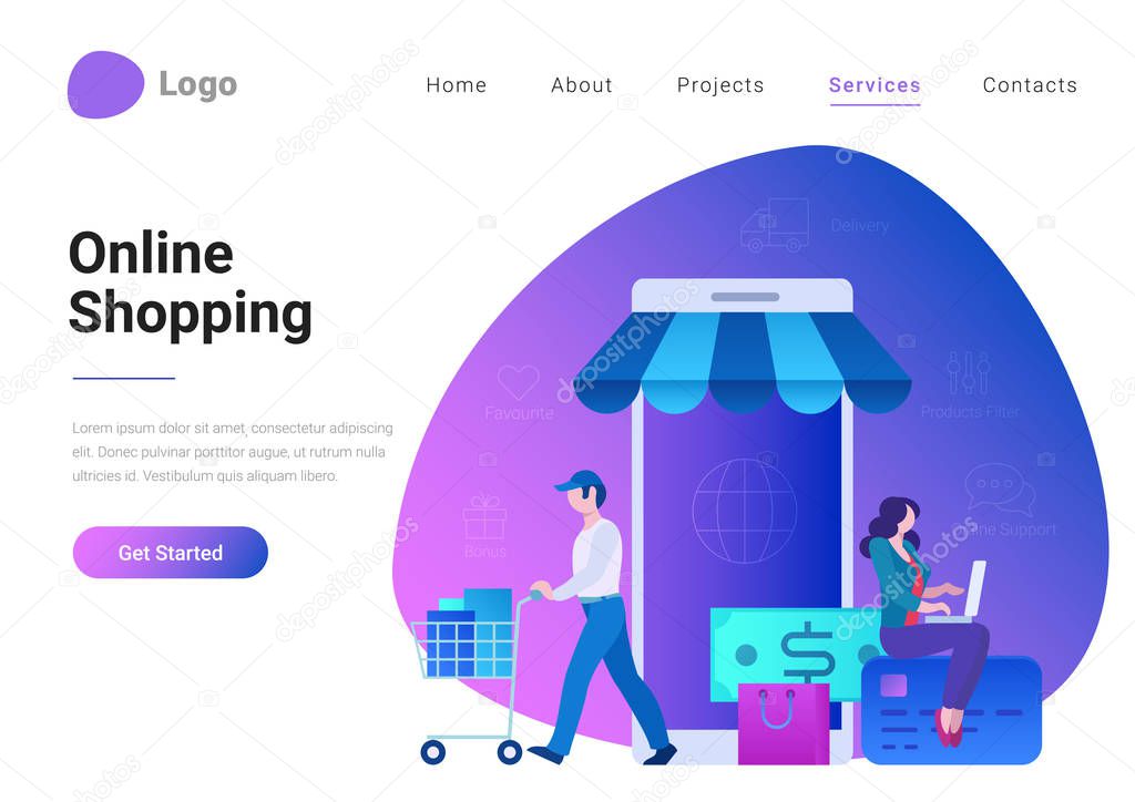 Shopping Online E-commerce Flat style landing page banner vector illustration. Electronic business, sales concept. Man and woman near store shop as smartphone