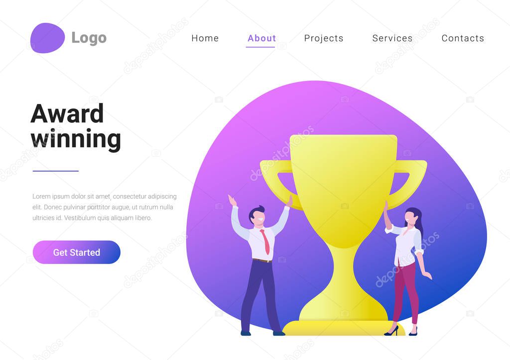 Business Winner Award Trophy Rating Winning Flat style vector illustration landing page banner. Successful team concept. Businessman and businesswoman standing near cup
