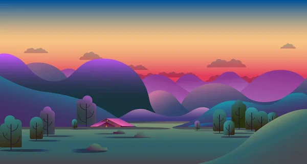 Paysage Naturel Soir Avec Collines Verdoyantes Arbres Montagnes Tente Camping — Image vectorielle