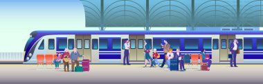 Tren Istasyonunda yatılı tren-düz vektör Illustration background. İnsanlar platformdan trene binecek.