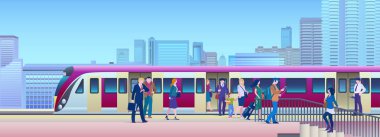 Arka planda şehir ile Tren Istasyonu 'nda yatılı tren düz vektör Illustration. İnsanlar platformdan trene binecek.