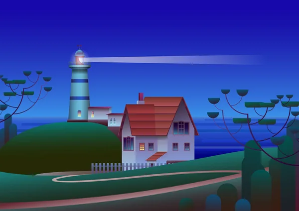 Vuurtoren Aan Wal Met Nacht Zee Achtergrond Platte Vector Illustratie — Stockvector