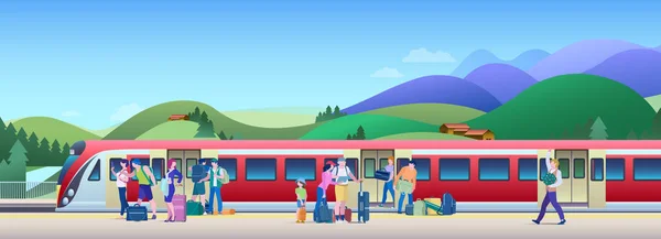 Boarding Trein Het Station Met Heuvels Achtergrond Vlakke Vector Illustratie — Stockvector