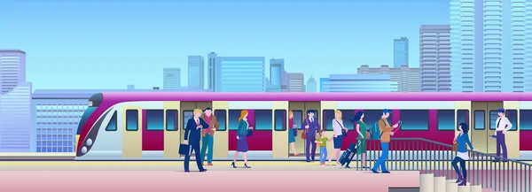登上火车在火车站与城市在背景平的向量例证 人们从站台上火车 — 图库矢量图片