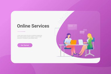 Online Destek Flat vektör illüstrasyon. Masada Oturan Kadınlar 