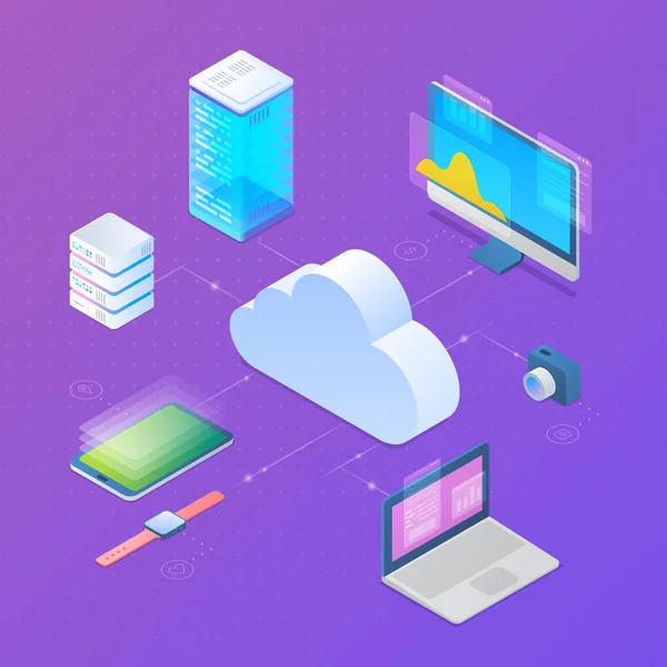 Tecnologia de sincronização de servidor de armazenamento de computação em nuvem Isometric Flat ve —  Vetores de Stock