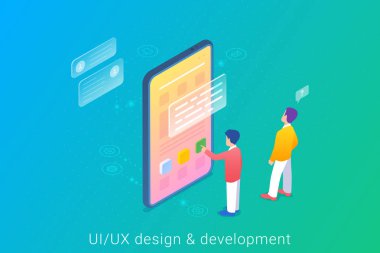 Uygulama Geliştirme Ui Ux Tasarım Isometrik Düz vektör illüstrasyon.