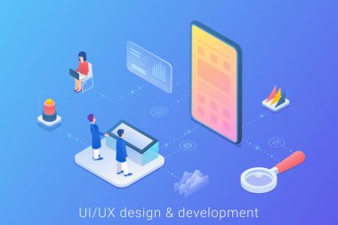 Ui Ux uygulama Tasarım Geliştirme Isometrik Düz vektör İllüstrasyon.