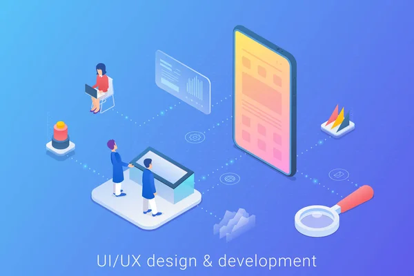 UI UX app Conception Développement Isometric Flat vecteur Illustration . — Image vectorielle