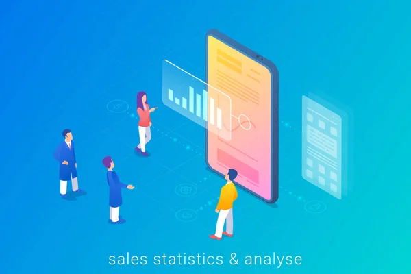 Rapport statistique et analyse des ventes en ligne. Personnes travaillant dans — Image vectorielle