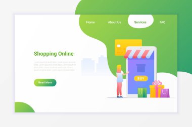 Online Alışveriş Düz vektör illüstrasyon kavramı. Kız purc yapmak