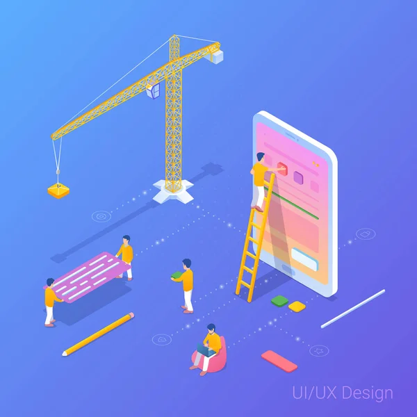 UI UX Diseño App Desarrollo Isométrico Ilustración vectorial plana . — Archivo Imágenes Vectoriales