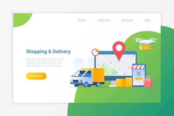 Shopping online con servizi di consegna Illustrazione vettoriale piatta . — Vettoriale Stock