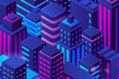Gece Binalarındaki Isometric Düz Gökdelenler Şehri