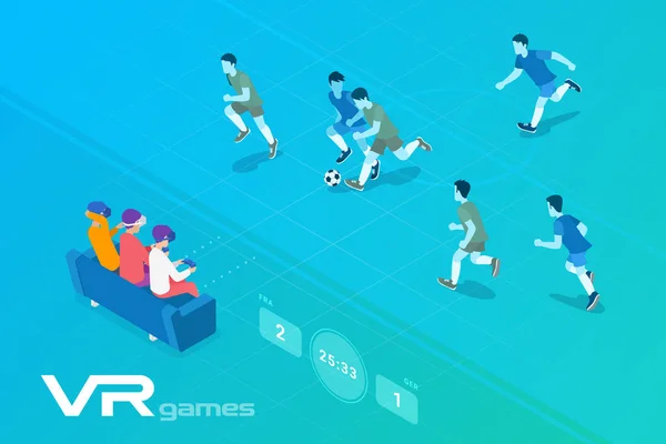 Přátelé hrající izometrický fotbal ve virtuální realitě Vr — Stockový vektor