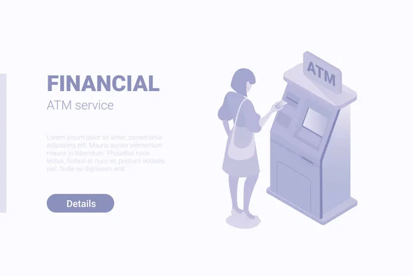 Isometric Flat Woman Girl Female Standing Put Bank Card Atm — 스톡 벡터