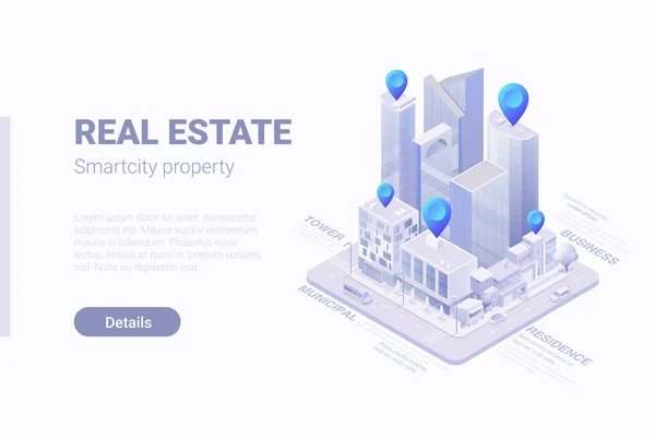 Isométrico Flat Smartcity Skyscraper Distrito Negócios Conceito Vetor Imobiliário —  Vetores de Stock