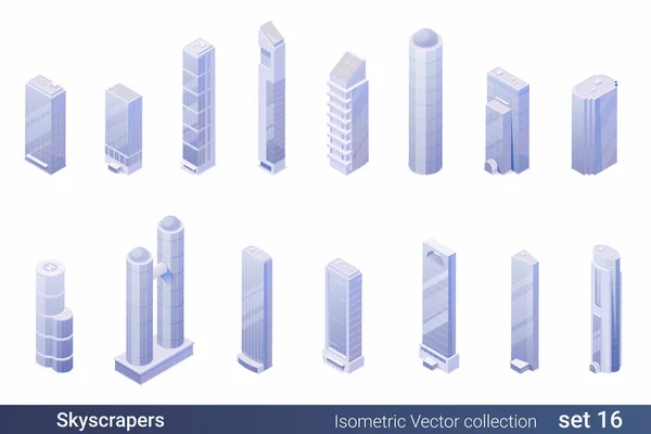 Isometric Flat Architecture Building Vector Collection Skyscraper Business Centers Hotels — Stock Vector