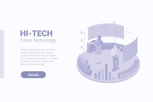 Isometric Flat Ludzie Pracujący Statystykami Big Data Holograficznym Wektorze Hud — Wektor stockowy