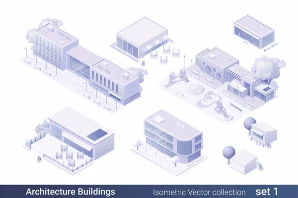 Isometrische Platte Architectuur Gebouwen Vector Collectie — Stockvector