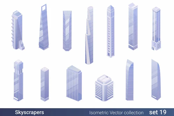 Isometric Flat Architecture Building Vector Collection Skyscraper Business Centers Hotels — Stock Vector