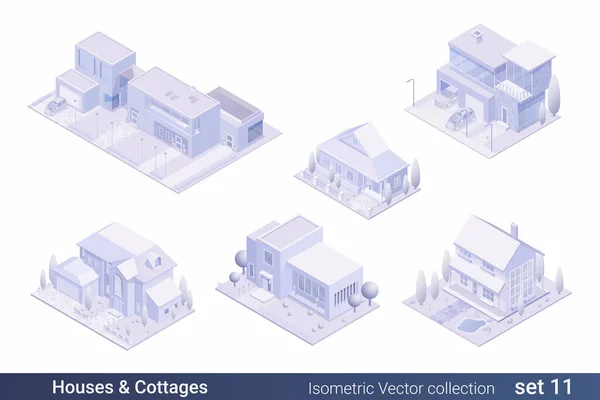Ισομετρική Επίπεδη Αρχιτεκτονική Κτίριο Διανυσματική Συλλογή Cottage Και Εξοχική Κατοικία — Διανυσματικό Αρχείο
