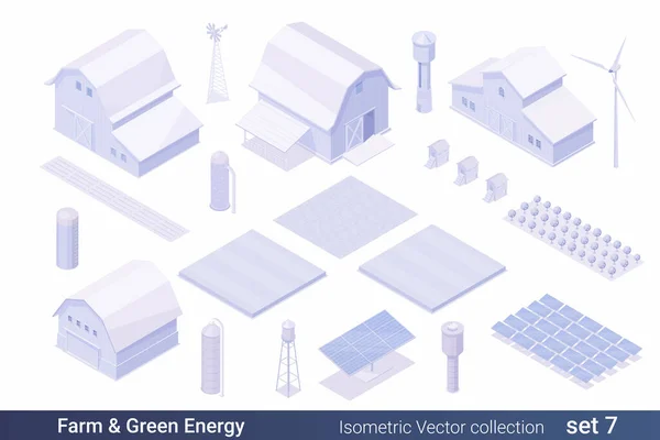 Izometryczna Płaska Architektura Kolekcja Wektorów Budynku Gospodarstwo Zielona Alternatywna Energia — Wektor stockowy