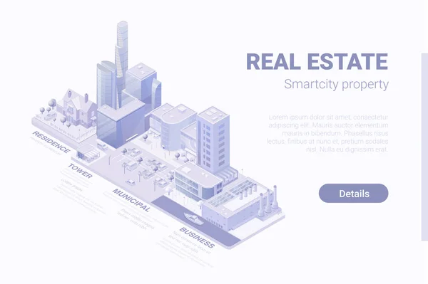 Isométrico Flat Smartcity Skyscraper Conceito Vetor Distrito Negócios — Vetor de Stock