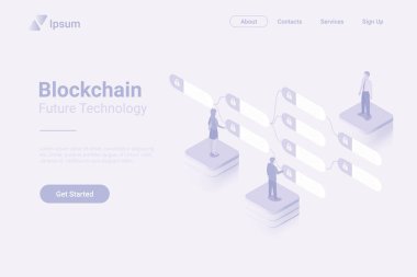 Blockchain verisi ile çalışan insanlar Isometric Düz beyaz monokrom vektör kavramı.