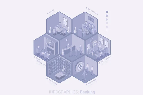 Zakenmensen Bank Isometrische Platte Witte Monochrome Vector Concept — Stockvector