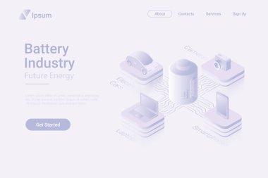 Batarya endüstrisi Isometric düz beyaz monokrom vektör konsepti. ; Smartphone Camera Car Laptop pille bağlantılı