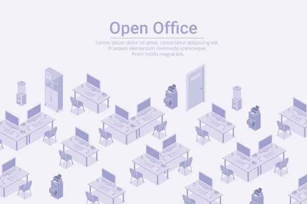 Prázdná Pracoviště Počítači Open Office Isometric Flat White Monochrome Vector — Stockový vektor