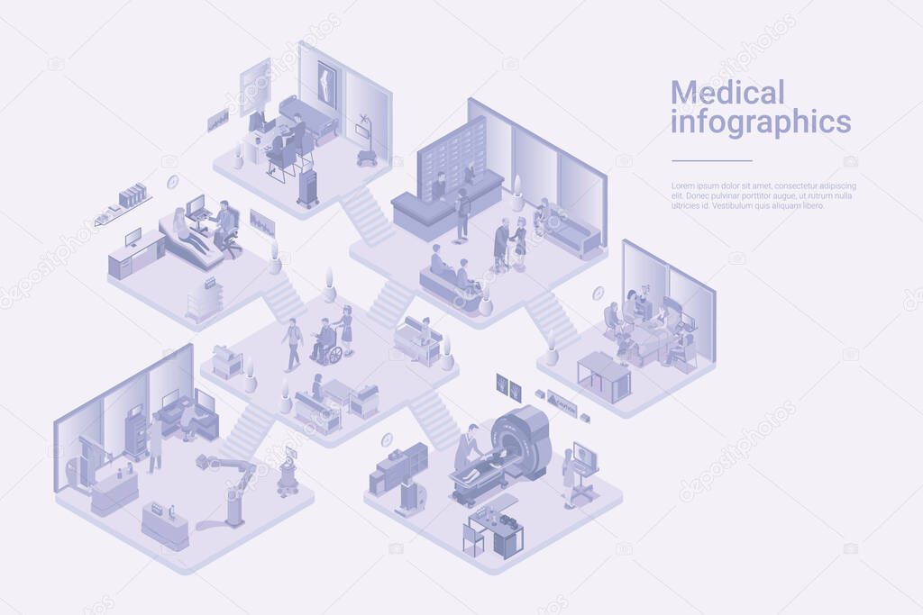 Medical Clinic center Isometric Flat white monochrome vector concept