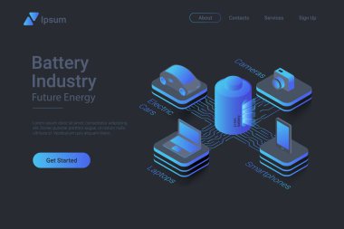 Batarya endüstrisi Isometric düz siyah monokrom vektör konsepti. ; Smartphone Camera Car Laptop pille bağlantılı