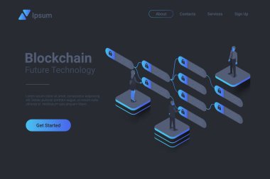 Blockchain verisi ile çalışan insanlar Isometric Düz siyah tek renkli vektör konsepti ile çalışıyorlar.