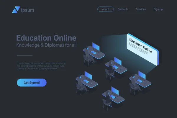 Educación Online Isométrico Plano Negro Concepto Vectorial Monocromo — Vector de stock