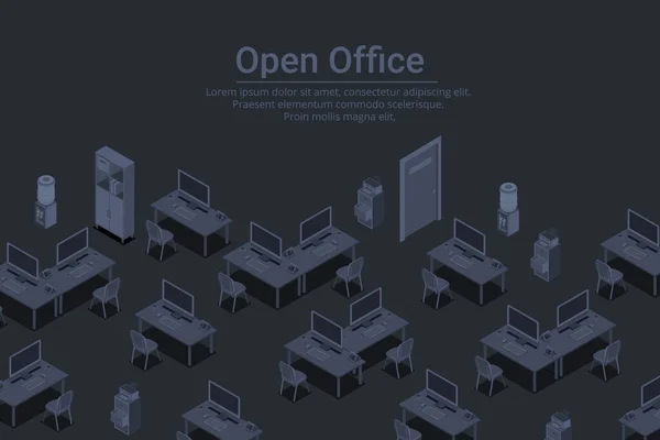 Leere Arbeitsplätze Mit Computern Open Office Isometric Flat Black Monochromes — Stockvektor