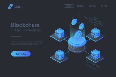 Kripto para birimi blok zinciri Isometric düz siyah monokrom vektör konsepti.