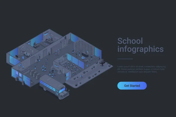 Educação Escolar Isométrico Plano Preto Conceito Vetor Monocromático — Vetor de Stock