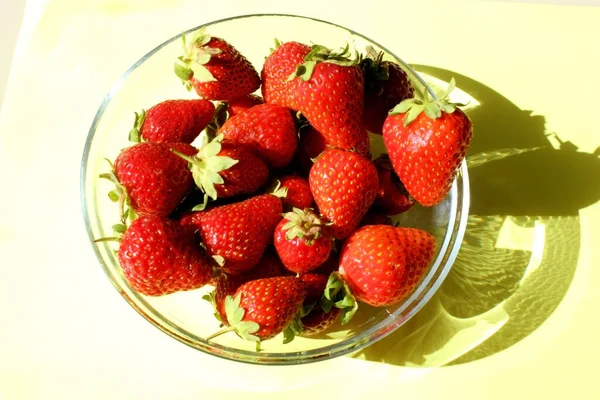 Fresas frescas maduras deliciosas en un plato de vidrio en la mesa.Montón de fresas rojas en un primer plano plato. Comida. Vitaminas. Granja. Copia espacio para texto. Vista desde arriba — Foto de Stock