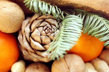 Çam kozalağı. Arka planda portakal, fındık ve ladin dalı var. Noel ve Yeni Yıl teması. Bu bir tatil teması. Yiyecekler. Atıştırmalık Geçmişi. Makro. Mekanı mesaj için kopyala. Bulanık arkaplan