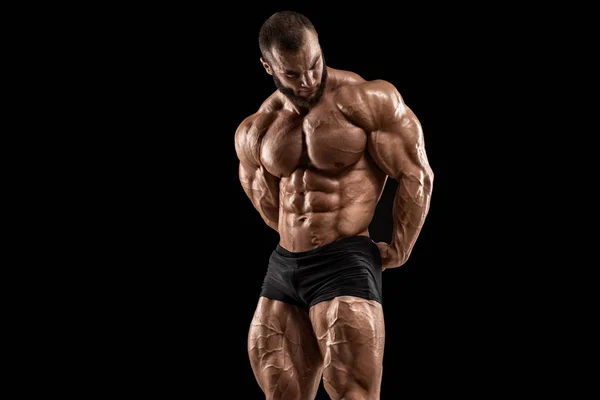 Bodybuilder Απομονωμένος Στο Μαύρο Φόντο Ισχυρός Αρσενικό Γυμνό Στήθος Κοιλιακούς — Φωτογραφία Αρχείου