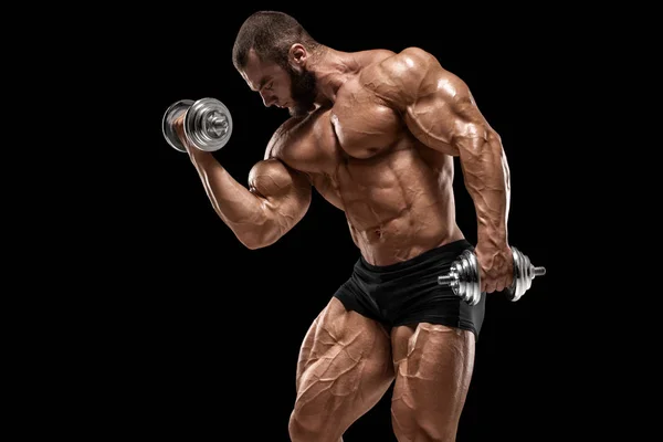 Homem Musculoso Fazendo Exercícios Para Bíceps Isolados Fundo Preto Forte — Fotografia de Stock