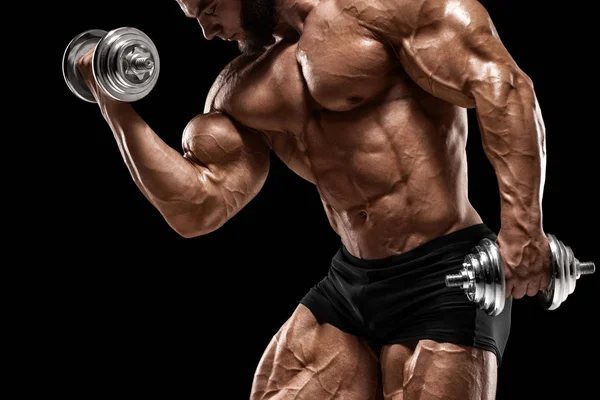 Homem Musculoso Fazendo Exercícios Para Bíceps Isolados Fundo Preto Halterofilista — Fotografia de Stock