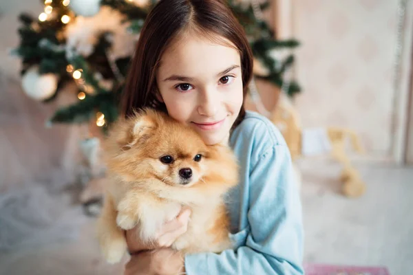子供女の子あります保持子犬に彼女の手近くザクリスマスツリー — ストック写真
