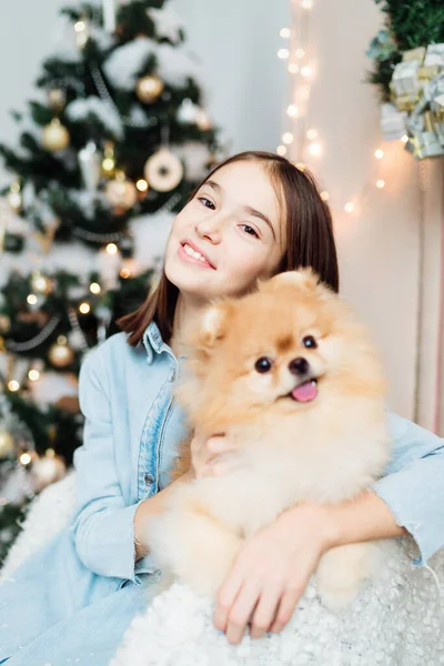 Niña Niña Está Sosteniendo Cachorro Sus Manos Cerca Del Árbol — Foto de Stock