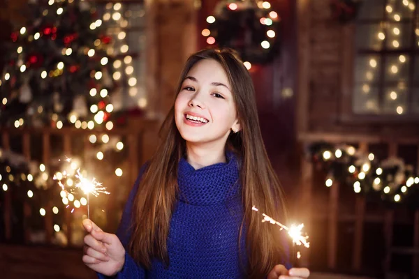 Portrait Child Girl Looks Sparklers Hands — Stock Photo, Image