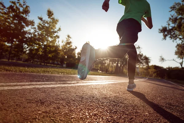 Runner Feet Running Road Closeup Shoe Young Athlete Sunset Run — Stock Photo, Image