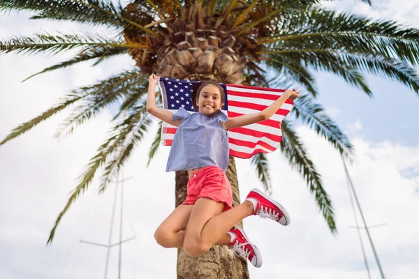 Happy Child Teenager Girl Jumping Waving American Usa Flag Background — Stock Photo, Image