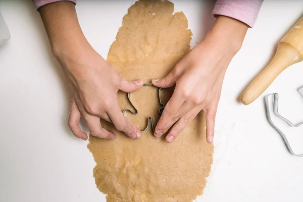 Little Girl Hand Making Traditional Christmas Cookies Raw Dough Cutters Royalty Free Stock Images
